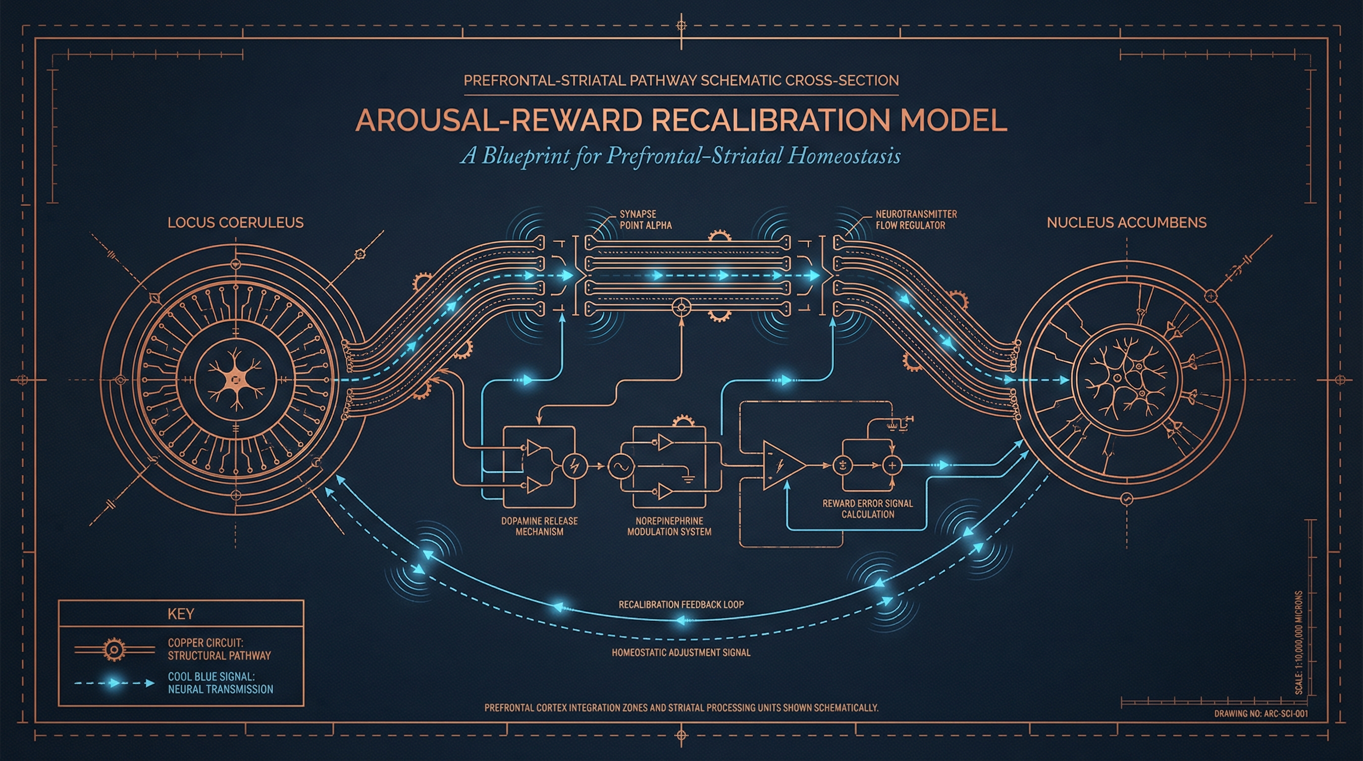 ADHD arousal-reward recalibration model showing prefrontal-striatal pathway with locus coeruleus and nucleus accumbens circuit architecture — Dr. Sydney Ceruto, MindLab Neuroscience.