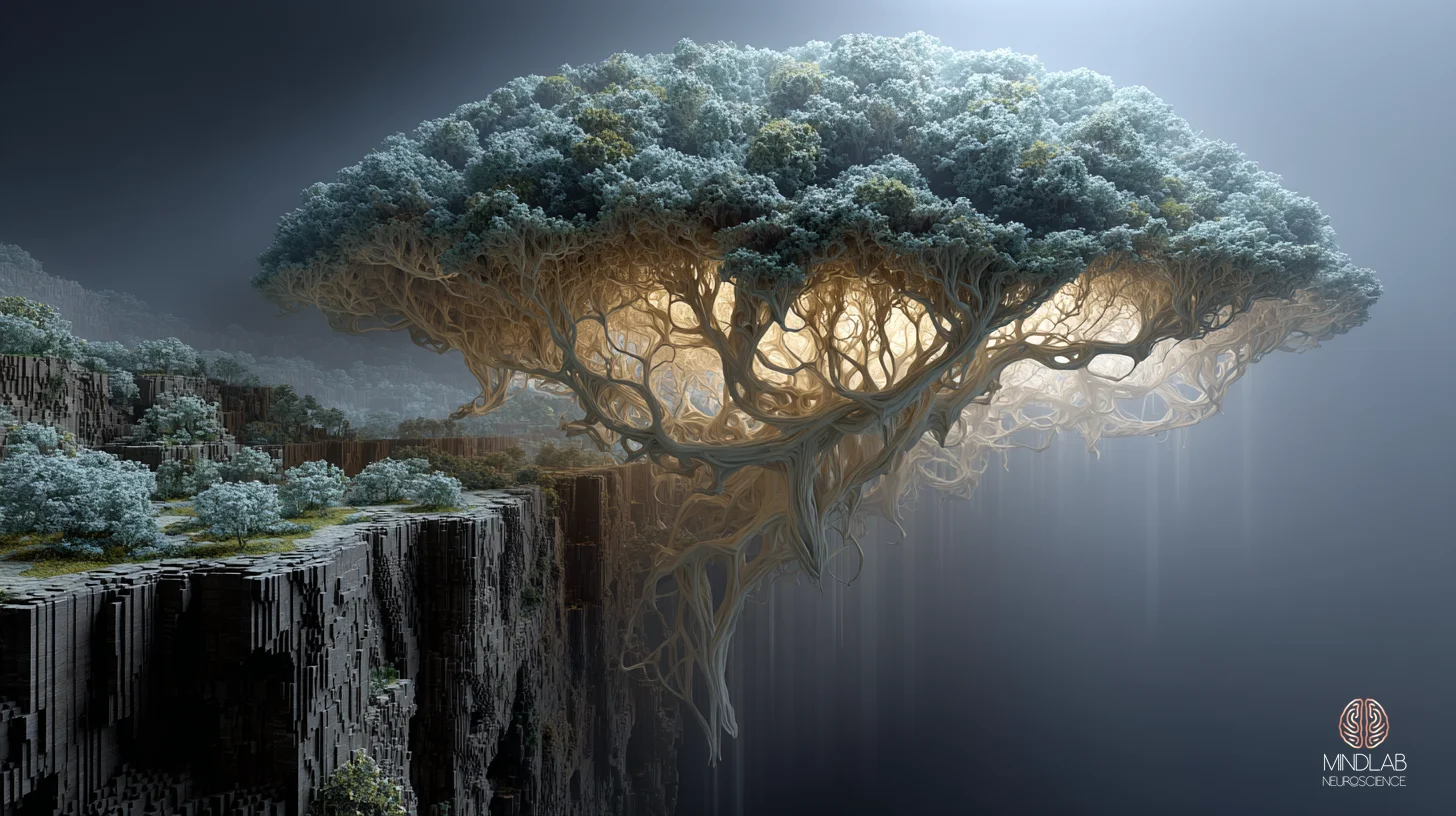 Macroscale scientific visualization of the dorsolateral prefrontal cortex rendered as a vast root-like architecture in muted sage metallic filaments, suspended in deep navy fog. The image depicts the analytic substrate that high performers recruit to substitute cognitive labeling for direct emotional perception — visible here as foundational neural architecture, not in crisis but in equilibrium. Slot 5 of the alexithymia article closing on the moment when cognitive compensation reaches its structural limit. — Dr. Sydney Ceruto, MindLAB Neuroscience.
