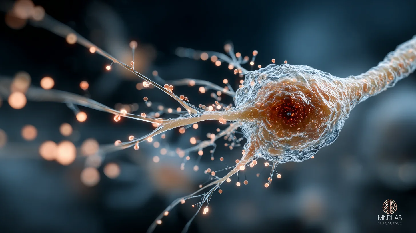 A single hippocampal neuron at an encoding event, rendered in luminous copper on deep navy — Dr. Sydney Ceruto, MindLAB Neuroscience.