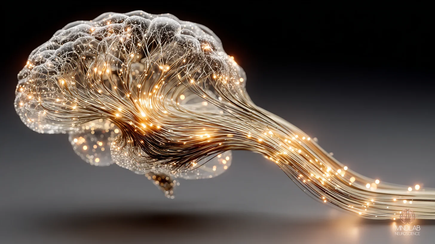 Macro neuroanatomical visualization of the olivo-cerebellar forward-model loop â€” the inferior olive nucleus glowing within the brainstem, ascending climbing-fibre tracts rising in burnished-gold filament bundles into the cerebellar cortex, and a reciprocal pathway arcing toward the motor cortex. The architecture renders the timing-prediction circuit that updates forward models during mental rehearsal, the substrate where cerebellar learning resolves into refined motor command â€” Dr. Sydney Ceruto, MindLAB Neuroscience.