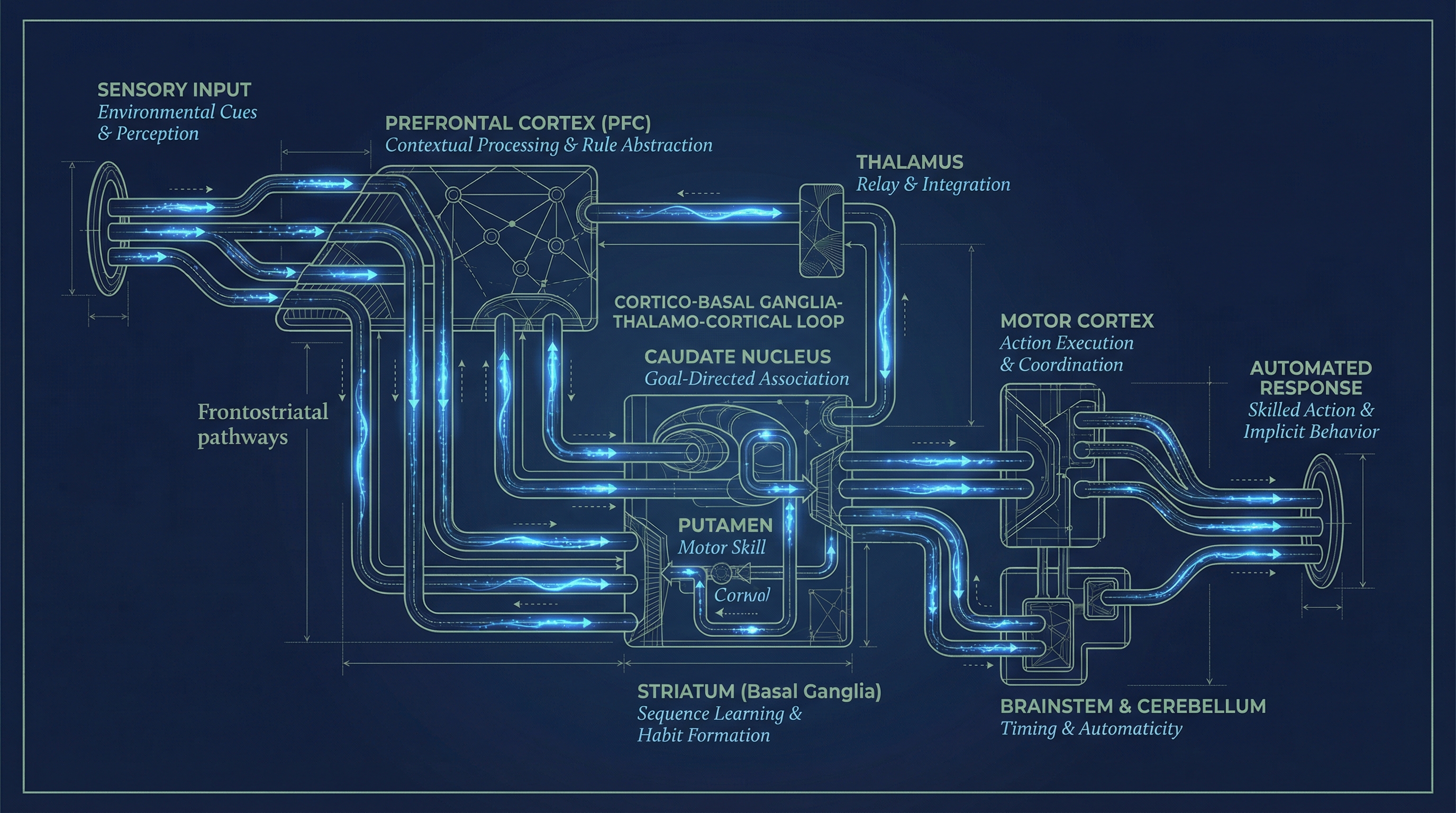 Diagrammatic visualization of implicit learning circuits on navy background. Frontostri&mldr; — Dr. Sydney Ceruto, MindLab Neuroscience.