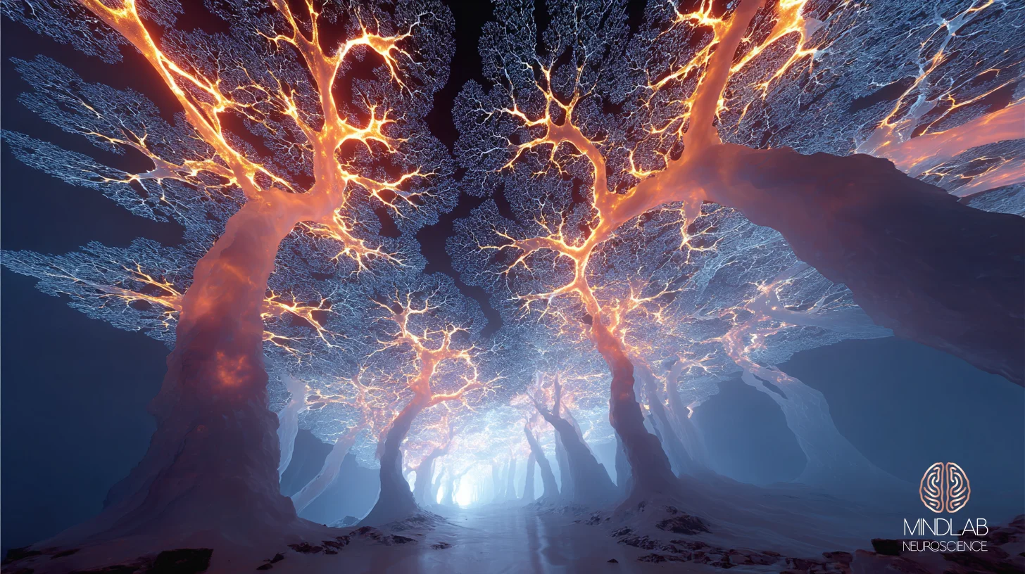 Conflict addiction brain dopamine reward circuitry — mesolimbic pathway interior with rose-copper flowing signals. Dr. Sydney Ceruto, MindLAB Neuroscience.