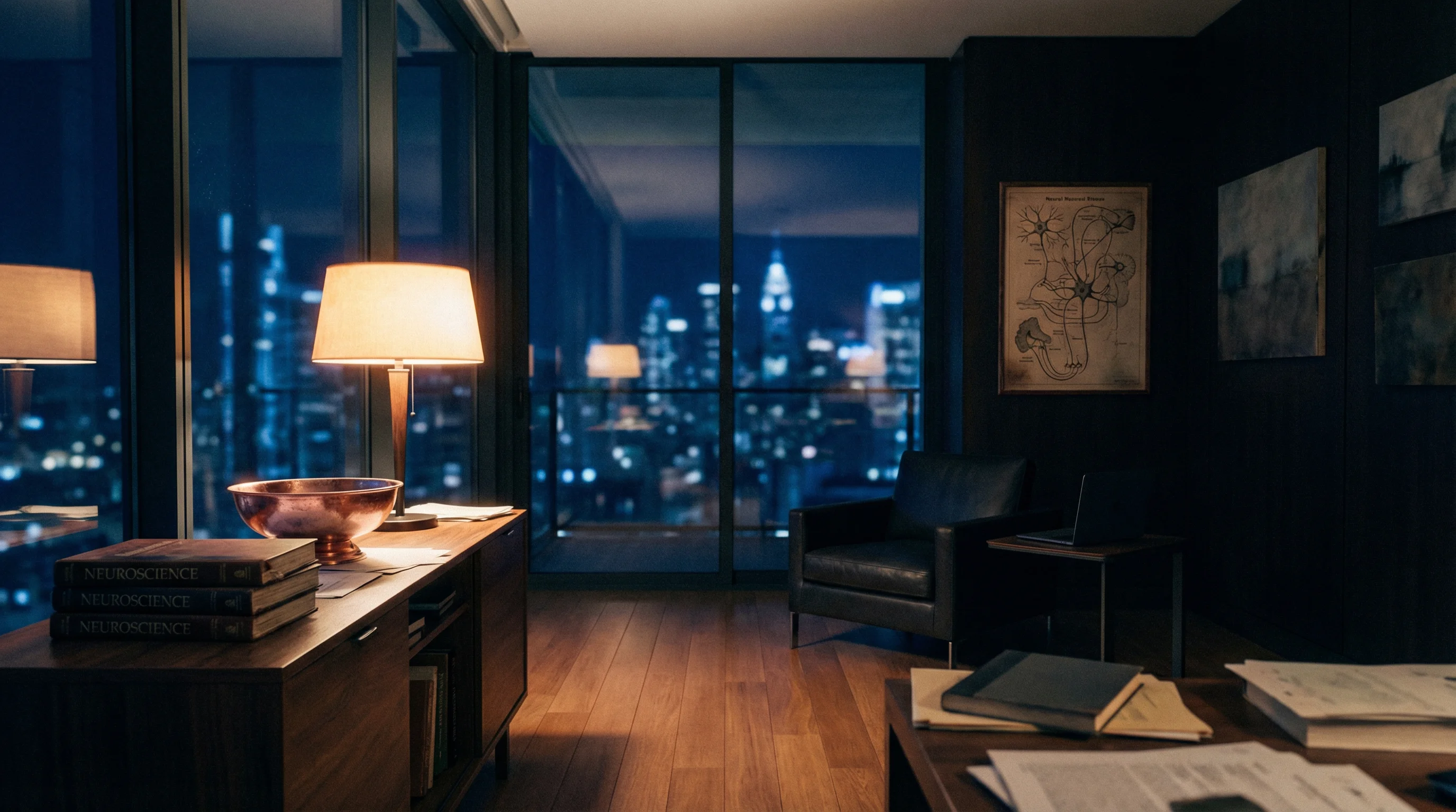 Conflict addiction brain executive penthouse study at night — rose-copper accents, neural pathway diagram. Dr. Sydney Ceruto, MindLAB Neuroscience.