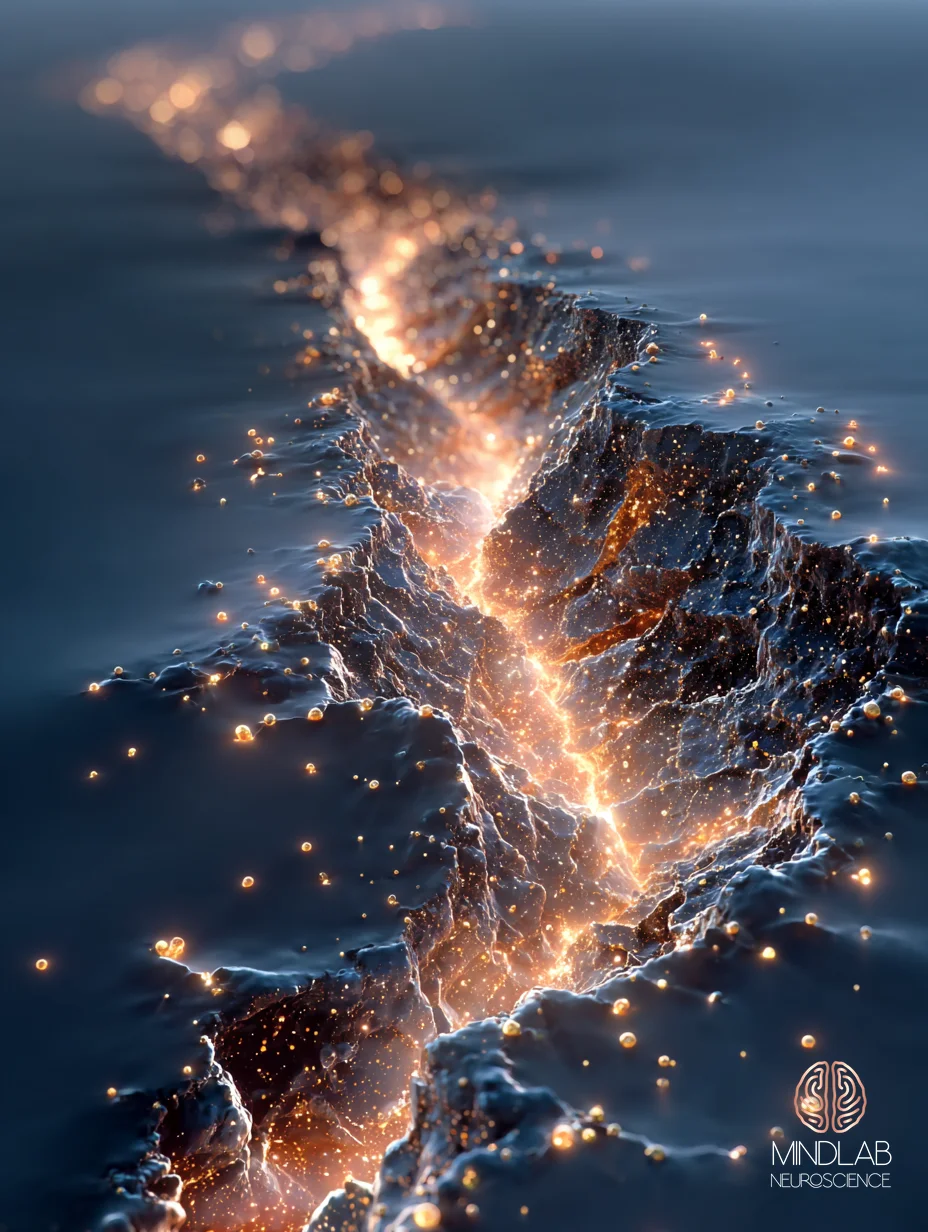 Conflict addiction dopamine receptor downregulation at nucleus accumbens synapse — crystalline fracture detail. Dr. Sydney Ceruto, MindLAB Neuroscience.