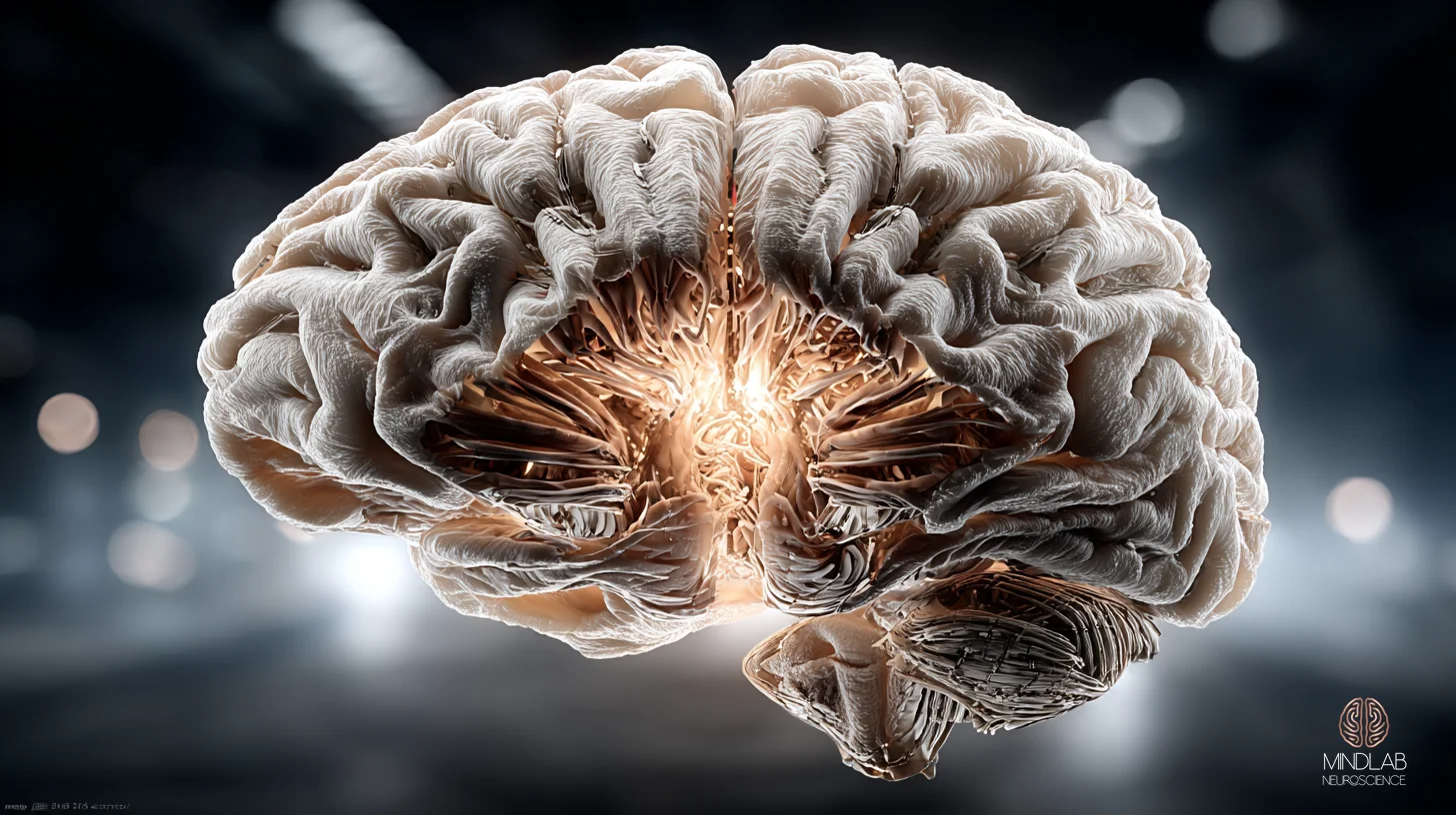 Macro view of the posterior cingulate cortex in deep navy with copper neural filaments — Dr. Sydney Ceruto, MindLAB Neuroscience.