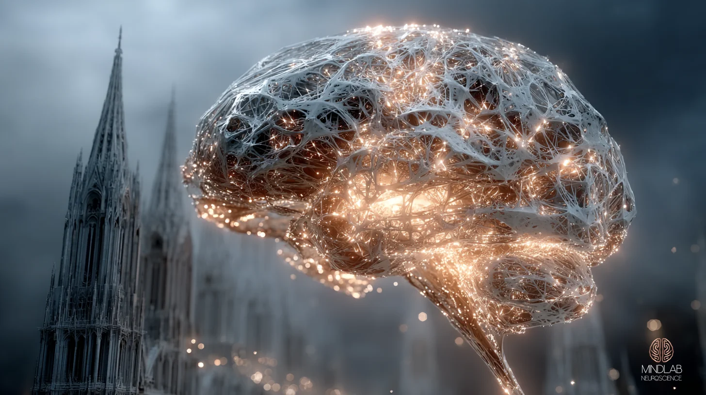 Macro view of the default mode network illuminating across medial prefrontal cortex, posterior cingulate, and bilateral parietal association hubs during soft-fascination nature exposure, while the lateral prefrontal task-positive network rests in quieted shadow. The image depicts the reciprocal network architecture of attention restoration theory — the recovery substrate that allows directed attention to replenish — Dr. Sydney Ceruto, MindLAB Neuroscience.