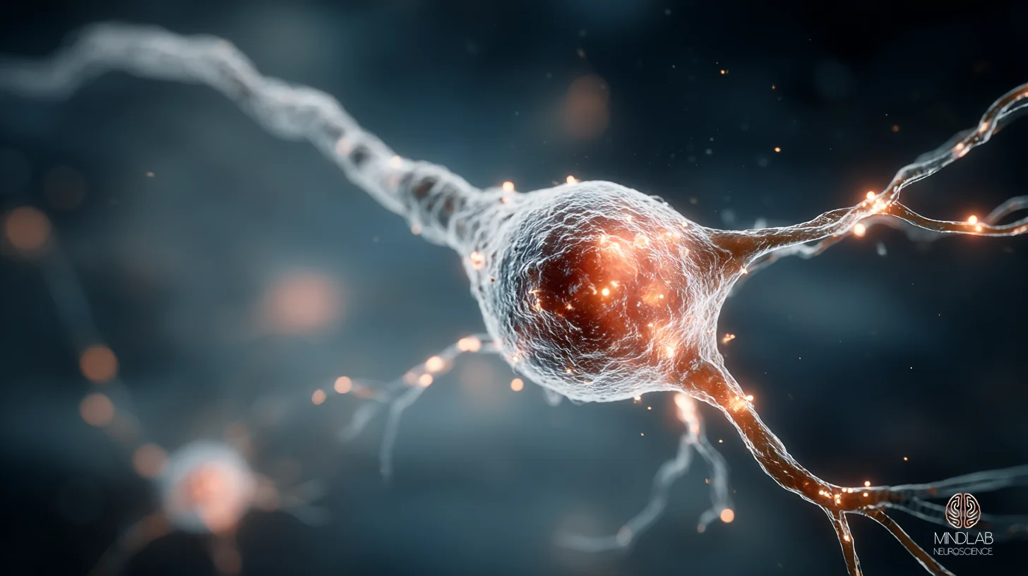 Atmospheric scientific imagery of a midbrain dopaminergic neuron with luminous copper filaments — Dr. Sydney Ceruto, MindLAB Neuroscience.