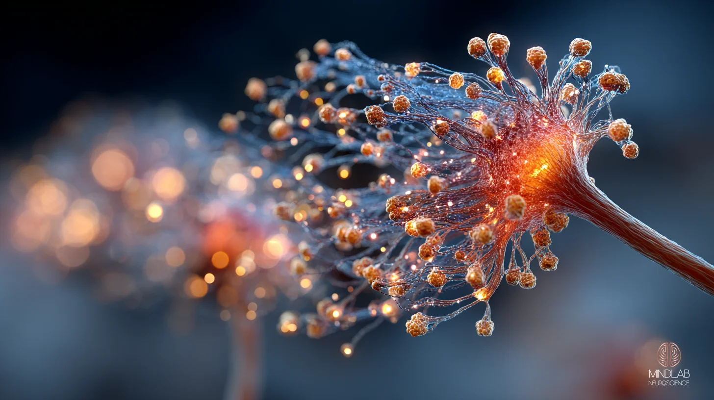 Wide-field scientific visualization of striatal tissue threaded by a diffuse copper dopaminergic axonal arbor, fine varicose terminals dispersed across the neuropil to suggest volume neurotransmission of the brain&rsquo;s real-time learning signal — Dr. Sydney Ceruto, MindLAB Neuroscience.