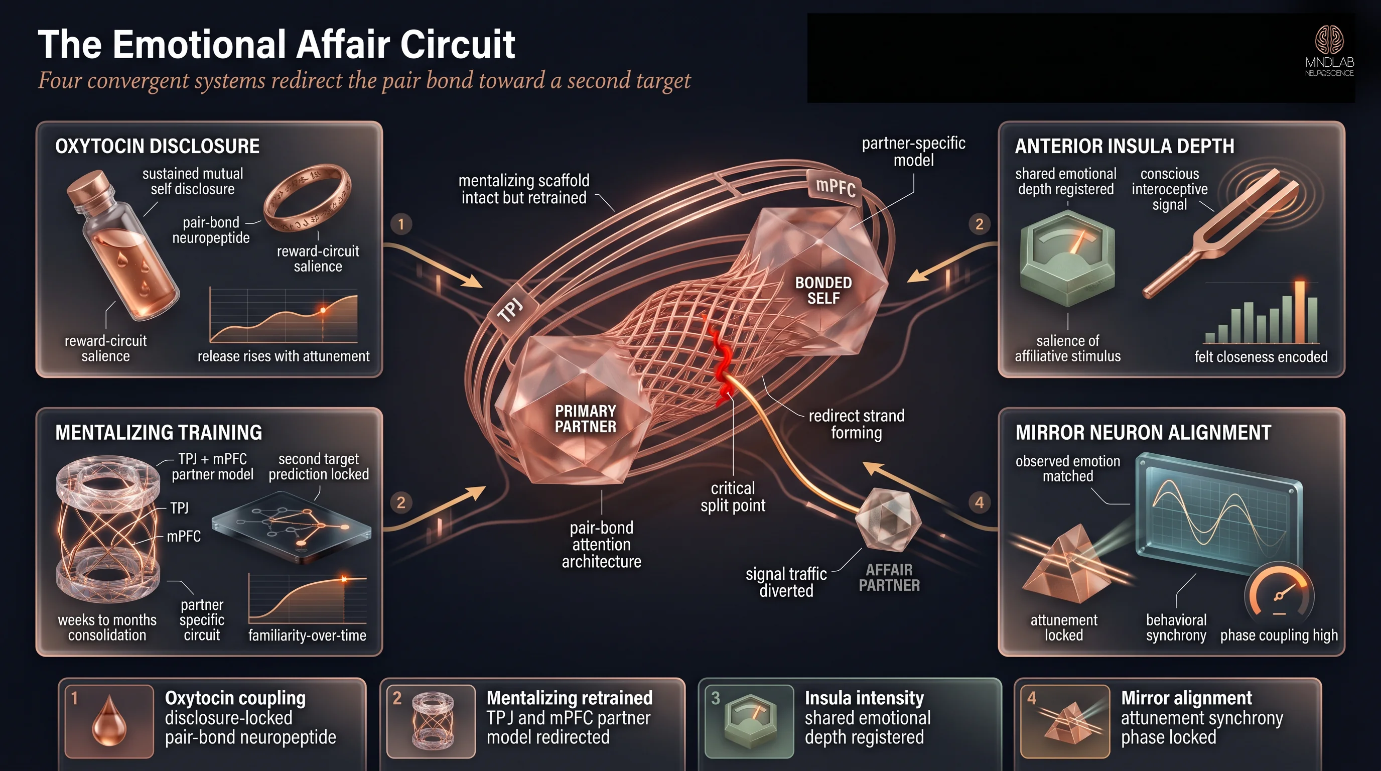 Emotional affair circuit map — oxytocin, mentalizing network, anterior insula, and mirror neurons converging to redirect pair-bonding signals — Dr. Sydney Ceruto, MindLAB Neuroscience.