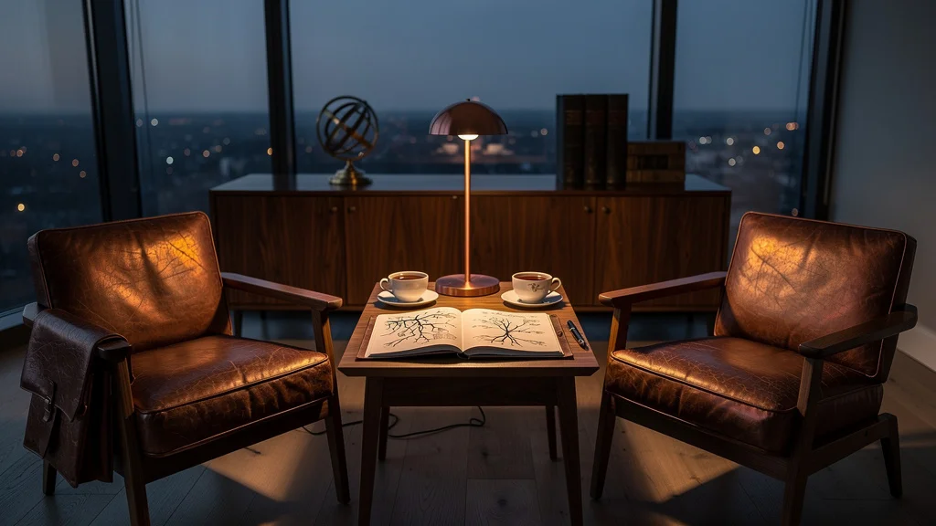 Private warm-lit study with two angled chairs and unfinished tea suggesting the sustained labor of returning attention to the primary relationship — Dr. Sydney Ceruto, MindLAB Neuroscience.