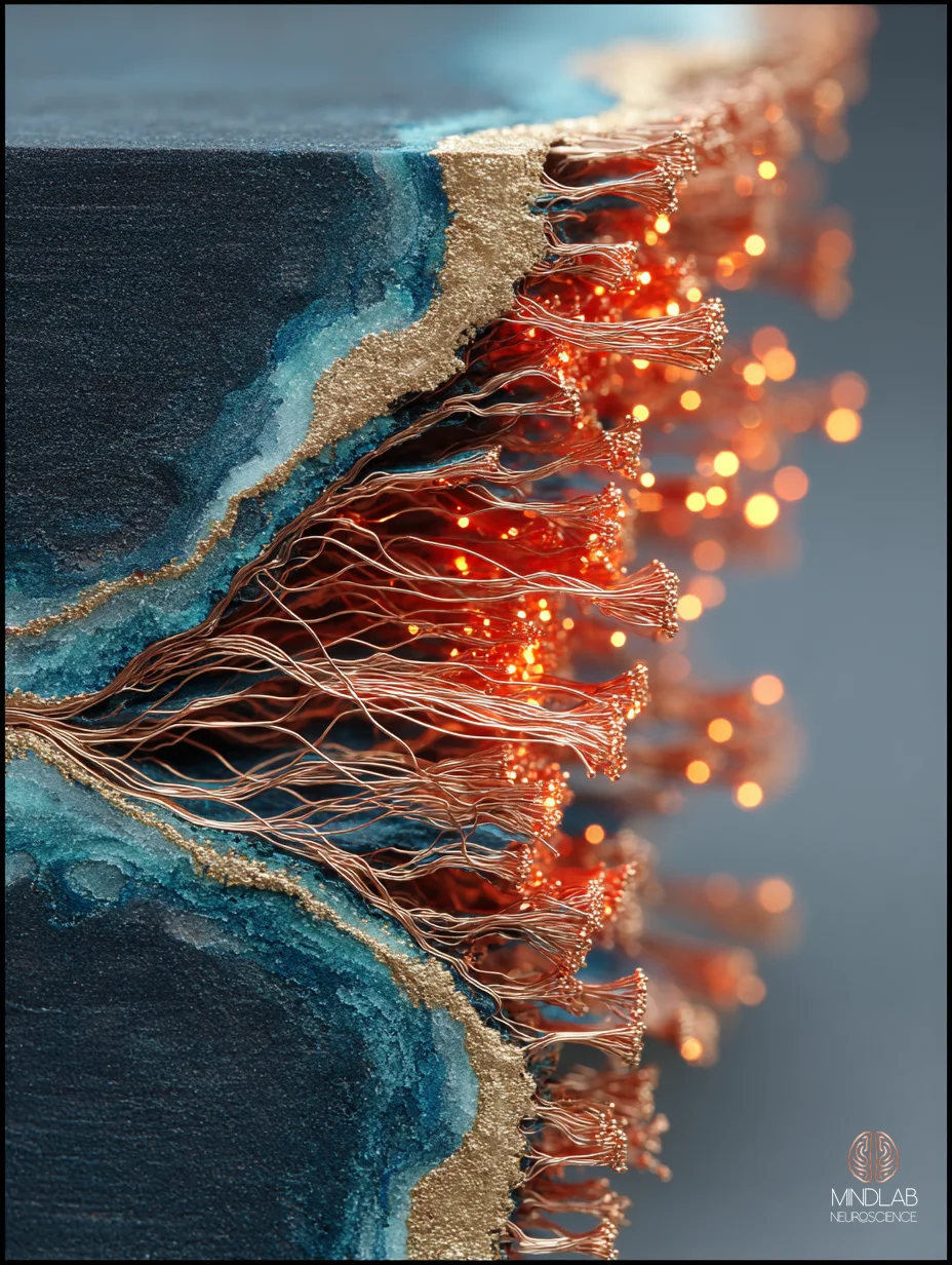 Intimate close-up of the bilateral lateral orbitofrontal cortex cortical-thickness gradient in deep navy with copper filaments — the structural substrate of emotional granularity. — Dr. Sydney Ceruto, MindLAB Neuroscience.