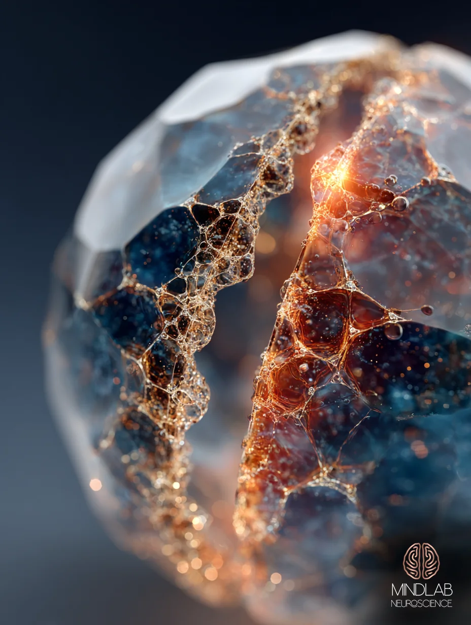 Crystalline synaptic junction macro with internal copper-light fracture vein — belief-updating pathway under sustained gaslighting pressure — Dr. Sydney Ceruto, MindLAB Neuroscience.