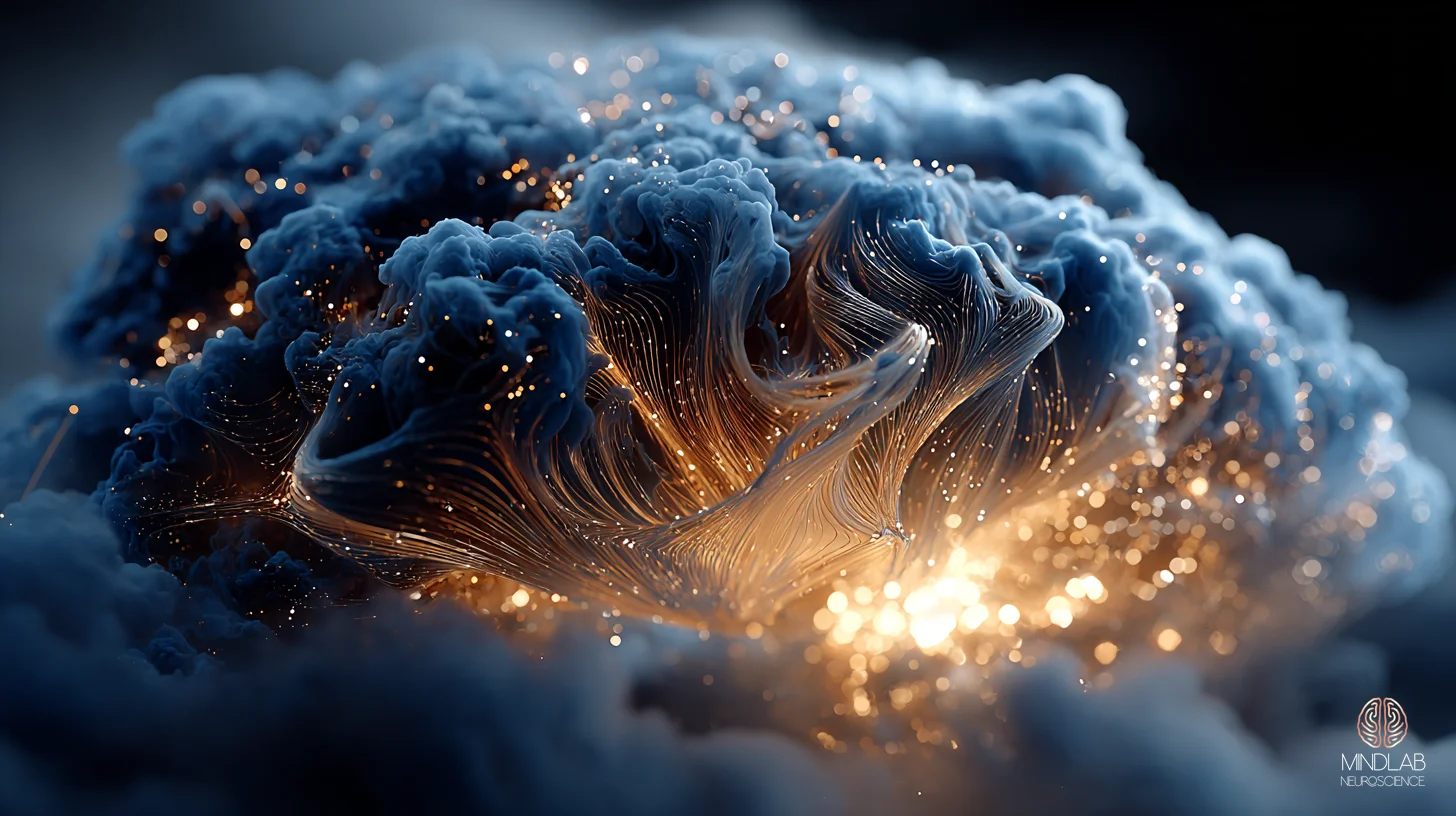 Dorsal striatum render in copper-on-navy, luminous filament detail conveying circuit-level automaticity — Dr. Sydney Ceruto, MindLAB Neuroscience.