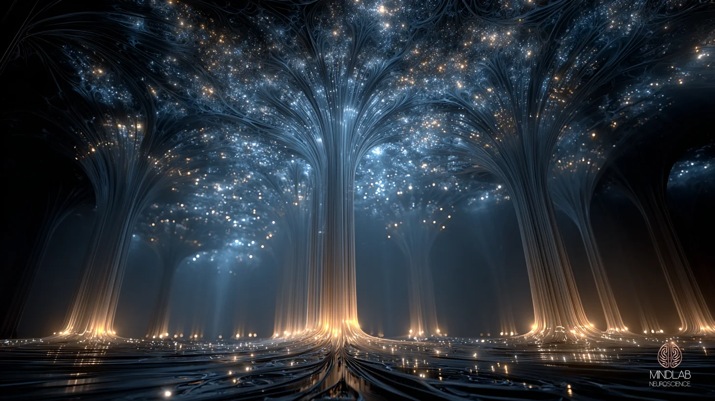Atmospheric render of cortical fibers descending into the striatum, the corticostriatal handoff site — Dr. Sydney Ceruto, MindLAB Neuroscience.