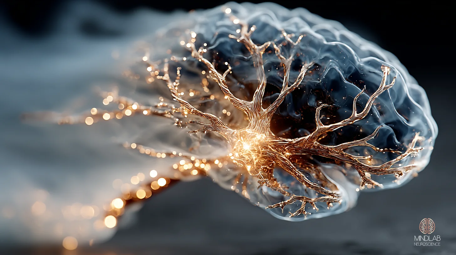 Cortical surface in deep navy with copper filaments tracing a faint cardiac rhythm beneath — Dr. Sydney Ceruto, MindLAB Neuroscience.