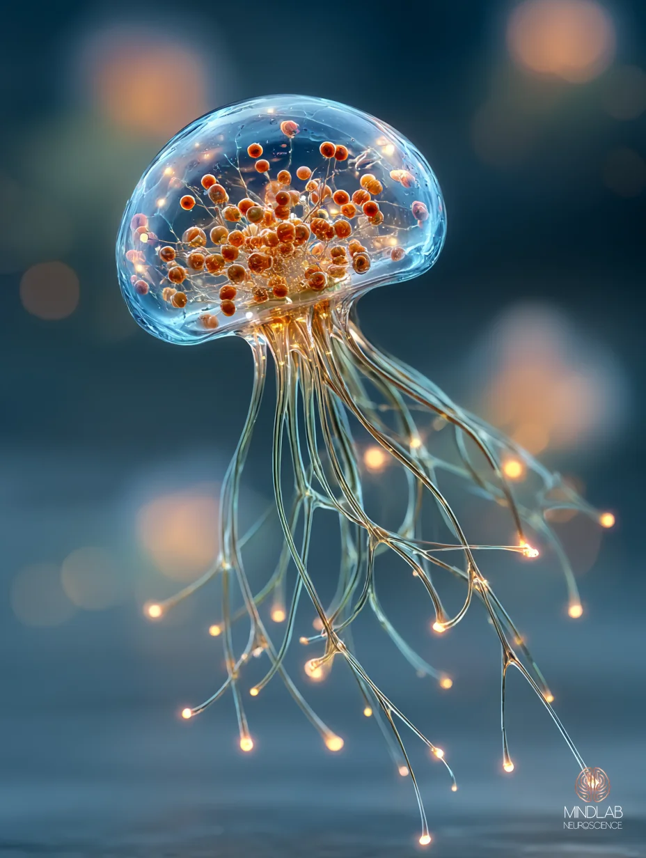 Close-up scientific rendering of a single SCN neuron with its luminous projection bundle — Dr. Sydney Ceruto, MindLAB Neuroscience.