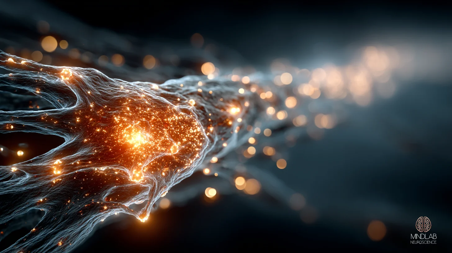 Macro view of the frontoparietal attention network in its engaged sustained-attention state, with dorsal attention regions illuminated by warm copper bioluminescence and the default-mode network visibly suppressed and dimmed in the surrounding periphery. The image depicts the network-level neural signature of trained sustained attention — coordinated dorsal activation paired with default-mode quieting — Dr. Sydney Ceruto, MindLAB Neuroscience.