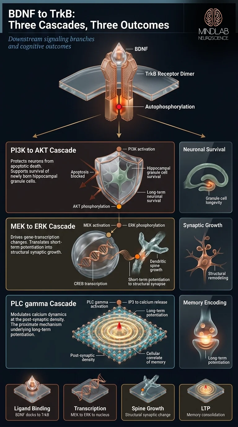 Three-cascade map of BDNF-TrkB downstream signaling — Dr. Sydney Ceruto, MindLAB Neuroscience.