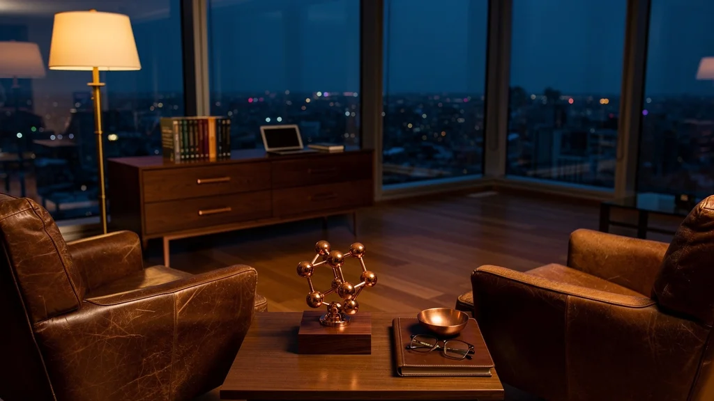 Grand salon at evening with leather armchairs, copper molecular anchor on walnut plinth, and city skyline view — Dr. Sydney Ceruto, MindLAB Neuroscience.