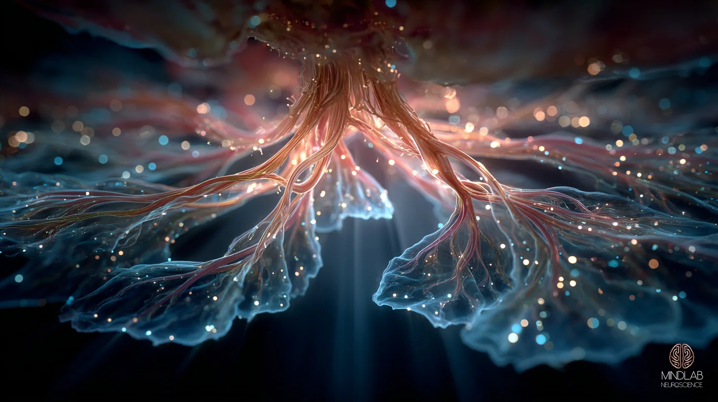 Deep-navy anatomical render of the prefrontal-amygdala-brainstem axis with copper filaments tracing inherited threat-detection pathways — Dr. Sydney Ceruto, MindLAB Neuroscience.