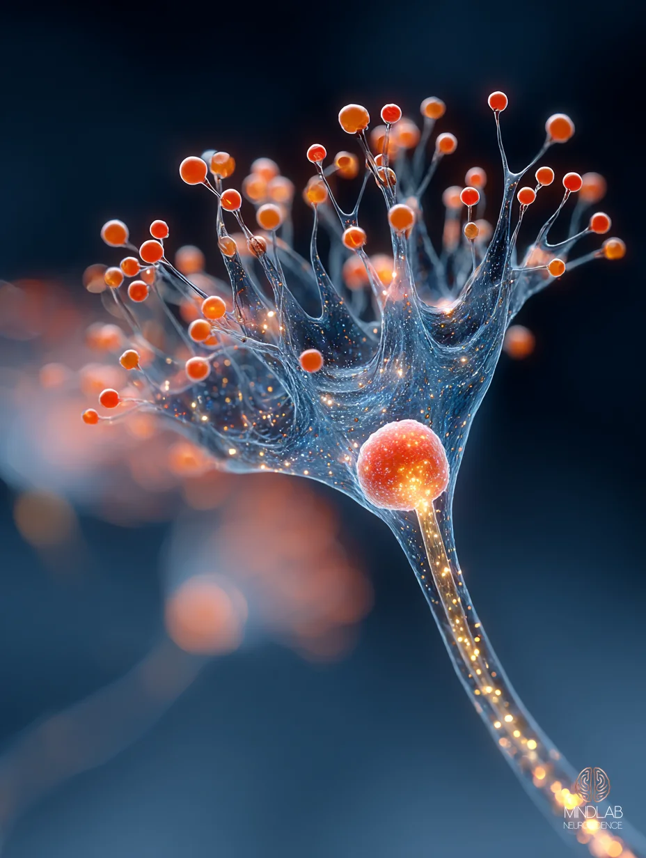 Portrait close-up of a single amygdala synapse with copper-lit dendritic spines mid-remodeling — Dr. Sydney Ceruto, MindLAB Neuroscience.