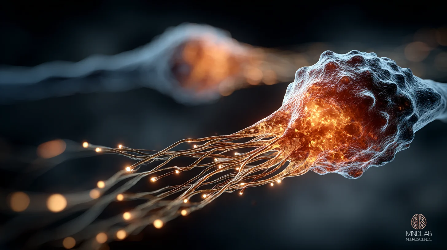 Macro neural visualization of the recalibrated prefrontal-amygdala coupling, showing the prefrontal cortex and amygdala as two distinct structures whose functional connectivity arcs converge across the cortical-subcortical gap at a luminous contact zone. The reconfigured connection weights are rendered as warm copper-light filaments thickening into the meeting point, while thinner residual pathways recede into the navy depth — a depiction of how repeated live-moment intervention shifts amygdala-PFC coupling toward earlier, stronger top-down regulation. — Dr. Sydney Ceruto, MindLAB Neuroscience.