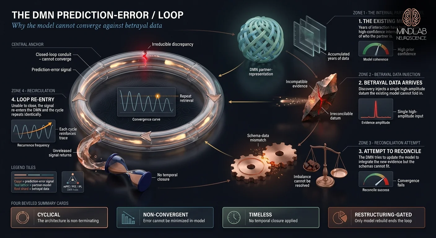 DMN prediction-error loop showing failed model convergence after betrayal discovery — Dr. Sydney Ceruto, MindLAB Neuroscience.