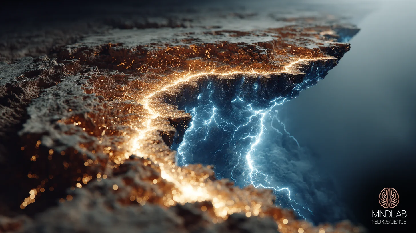 A medial-frontal cortical surface in atmospheric scientific isolation, electrical activity rendered as luminous fields — Dr. Sydney Ceruto, MindLAB Neuroscience.