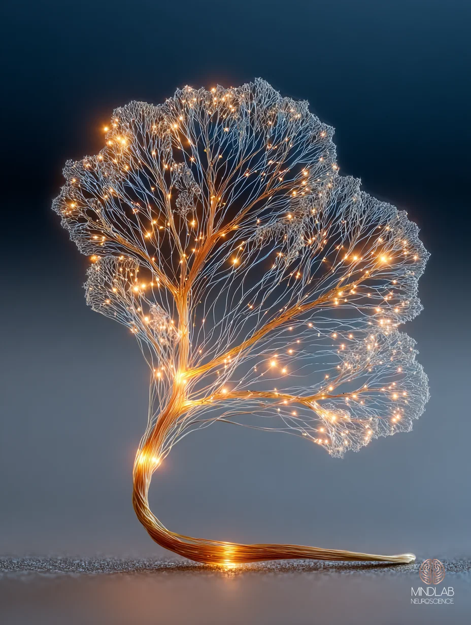 A scientific close-up of a Purkinje cell with a climbing fiber input, atmospheric microscopy framing — Dr. Sydney Ceruto, MindLAB Neuroscience.