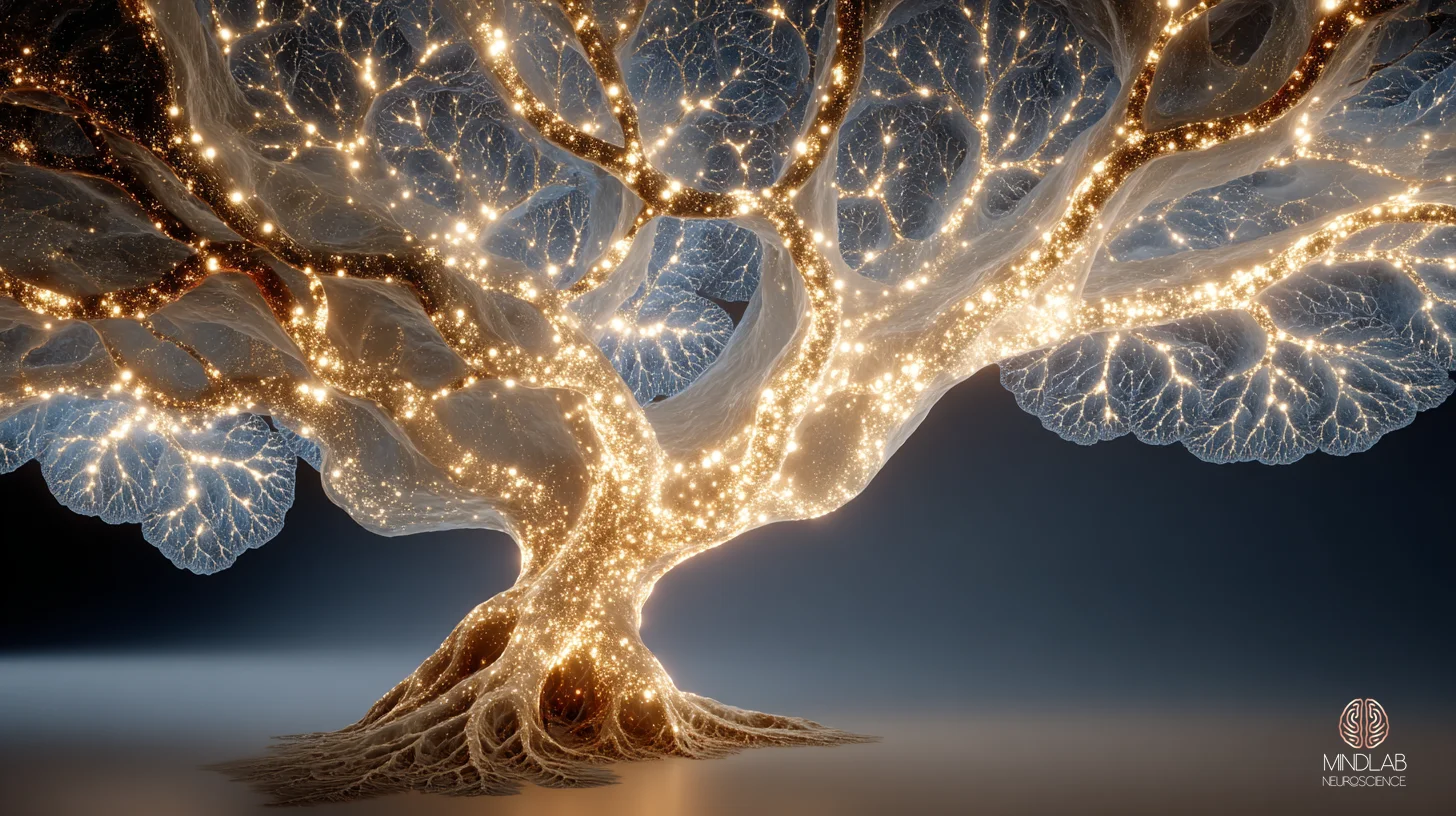 Macro visualization of the basal forebrain cholinergic projection field, with acetylcholine pathways fanning upward from a deep nucleus and branching across the cortical mantle in burnished gold filaments. This is the neuromodulatory plume that opens the post-error plasticity window, releasing acetylcholine across wide cortical territory so that error-related negativity in the anterior cingulate can rewire professional skill circuits. — Dr. Sydney Ceruto, MindLAB Neuroscience.