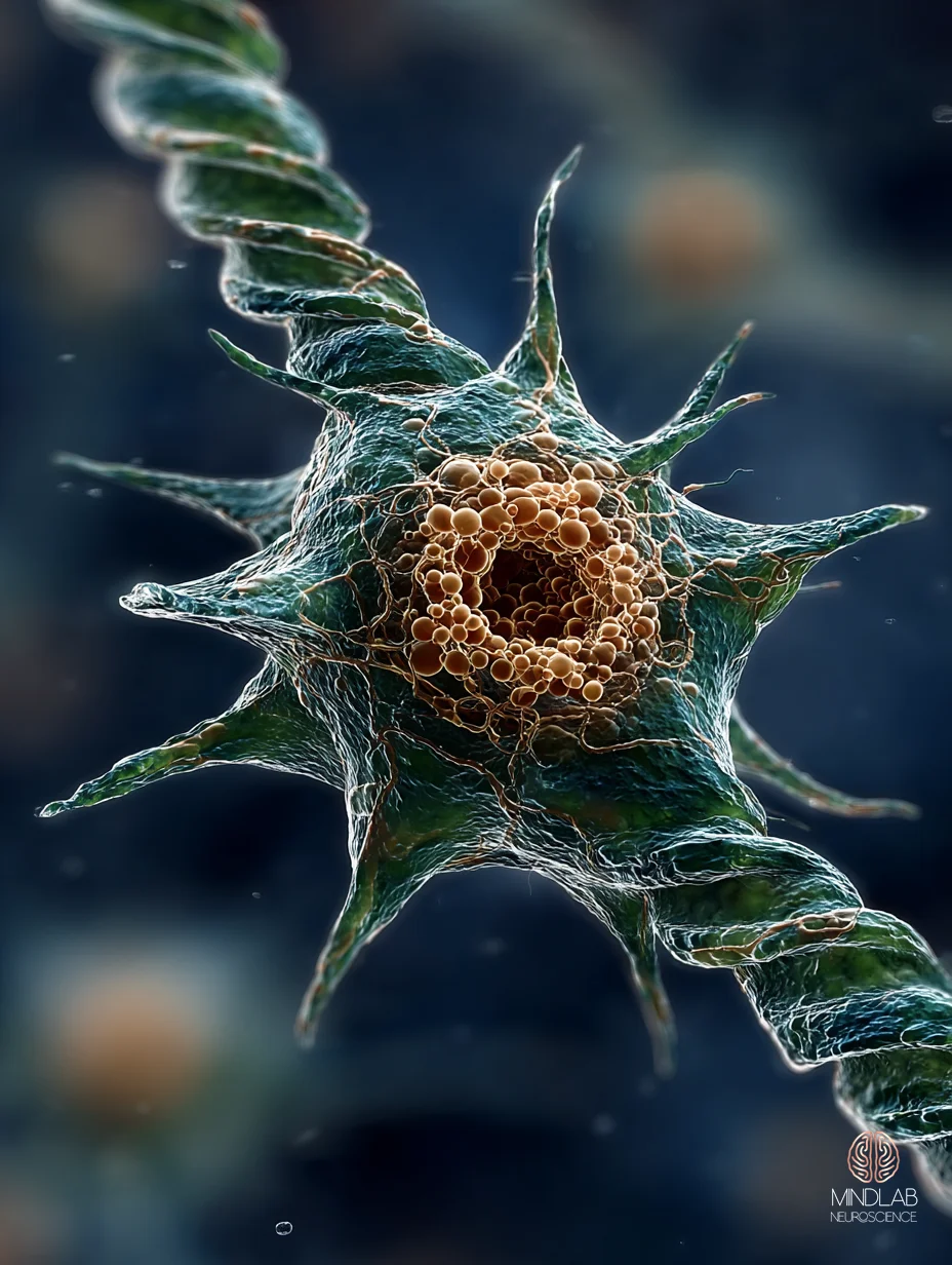 An extreme close-up of a single oligodendrocyte wrapping a luminous myelin sheath around an axon, deep navy tissue background — Dr. Sydney Ceruto, MindLAB Neuroscience.