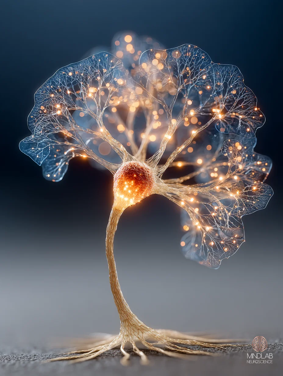 A single hippocampal pyramidal neuron with sharp-wave ripple activity rendered as luminous copper striations across the dendritic field — Dr. Sydney Ceruto, MindLAB Neuroscience.