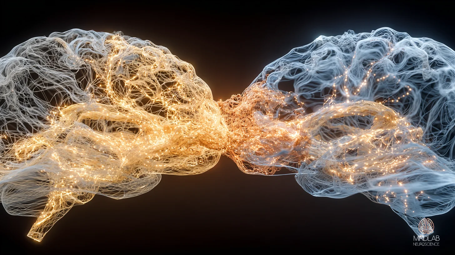 Medial prefrontal cortex and temporoparietal junction suspended in deep navy with copper neural filaments — Dr. Sydney Ceruto, MindLAB Neuroscience.