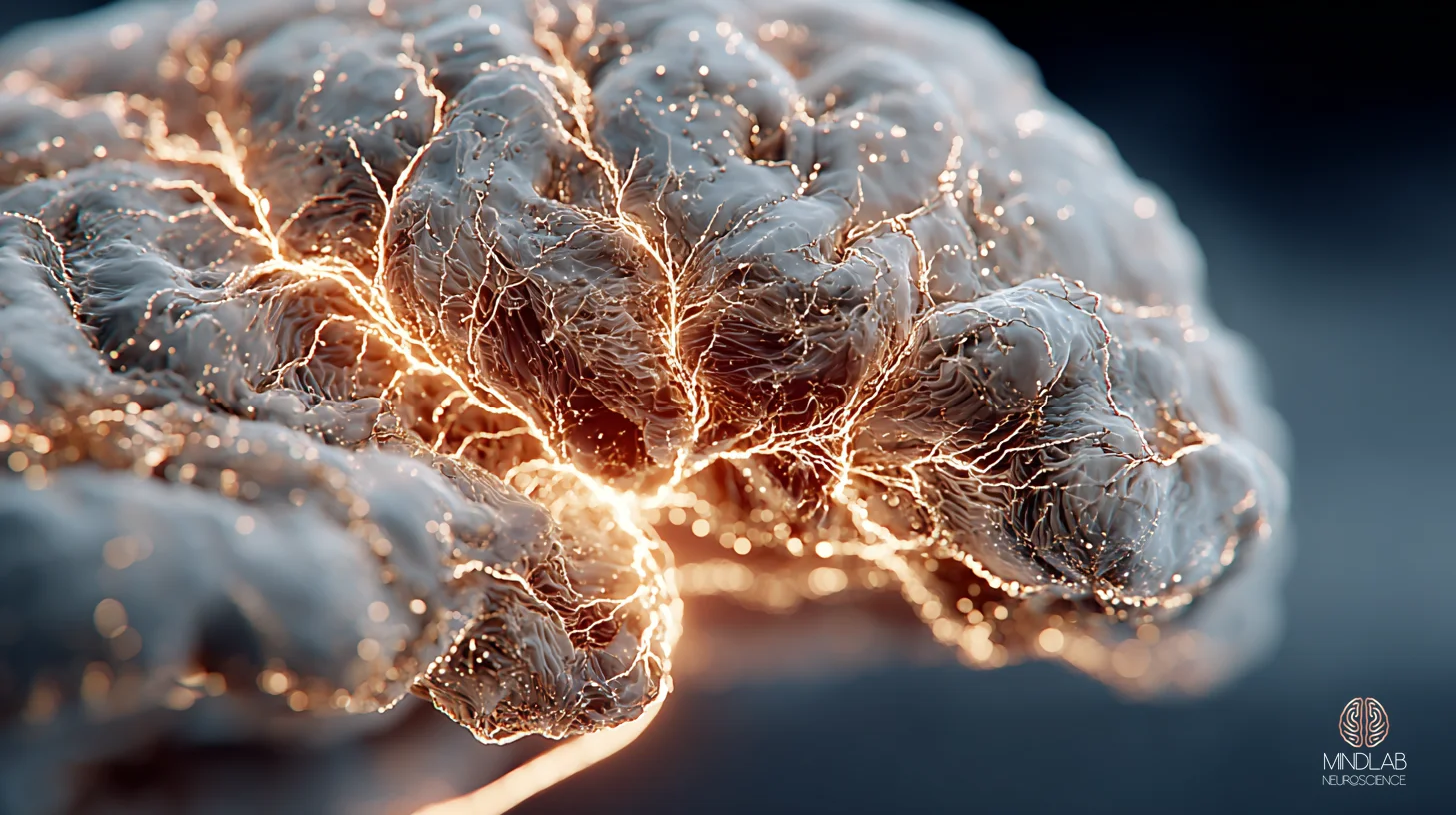 Prefrontal cortex hemodynamic activity during cognitive load in deep navy with copper neural pathways — Dr. Sydney Ceruto, MindLAB Neuroscience.
