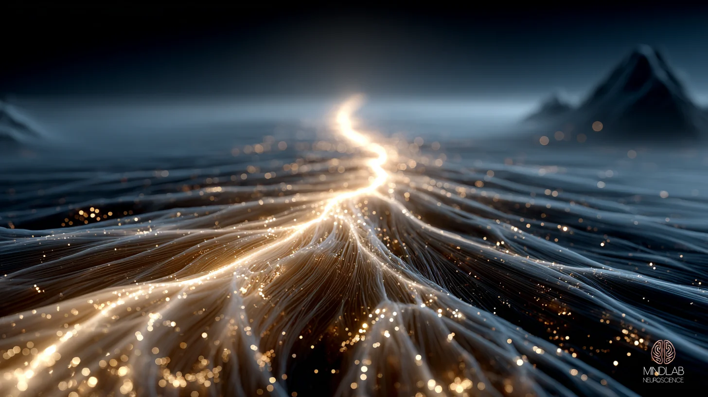 Atmospheric macro view of the corticospinal tract descending as a luminous bundle of burnished gold fibers through deep navy-black space, the long-range motor pathway visualized as a single coherent system rather than a single neuron. This scientific closer illustrates the route by which PETTLEP mental rehearsal exerts corticospinal facilitation — converting imagined movement into measurable downstream output — Dr. Sydney Ceruto, MindLAB Neuroscience.