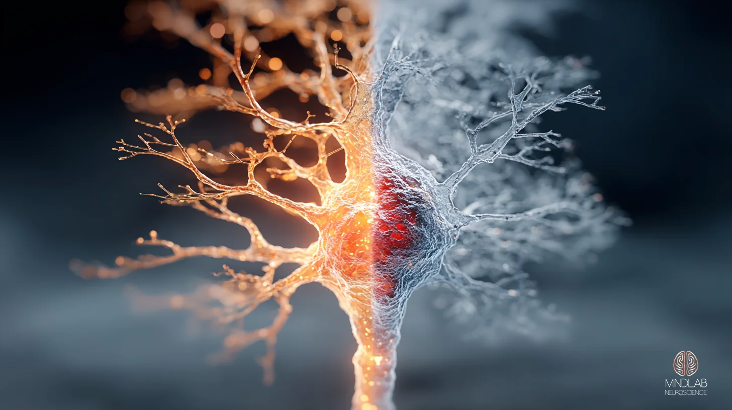 Macro visualization of the polyvagal autonomic axis presented as a bilateral state-comparison: ventral vagal social-engagement on the left, with signal flowing through open architectural gates and warm anterior cingulate illumination, contrasted with dorsal vagal shutdown on the right, where signal collapses into a constricted lower pathway. The image renders the autonomic configuration that mirror-neuron circuitry locks into during family role activation, depicting the brainstem and branching vagal pathways at structural mid-range. — Dr. Sydney Ceruto, MindLAB Neuroscience.