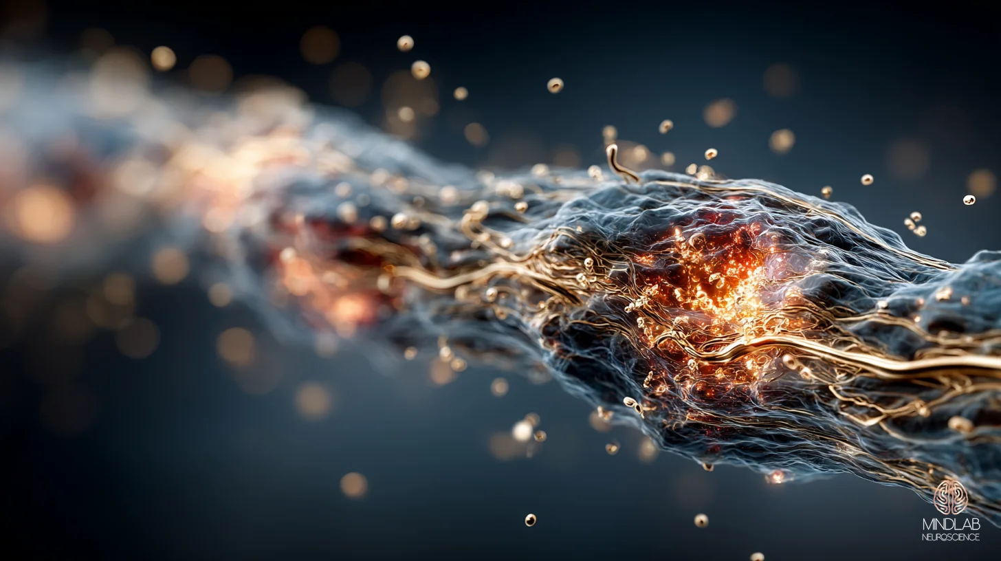 A myelinated axon in scientific atmospheric close-up, oligodendrocyte sheaths wrapping the fiber — Dr. Sydney Ceruto, MindLAB Neuroscience.