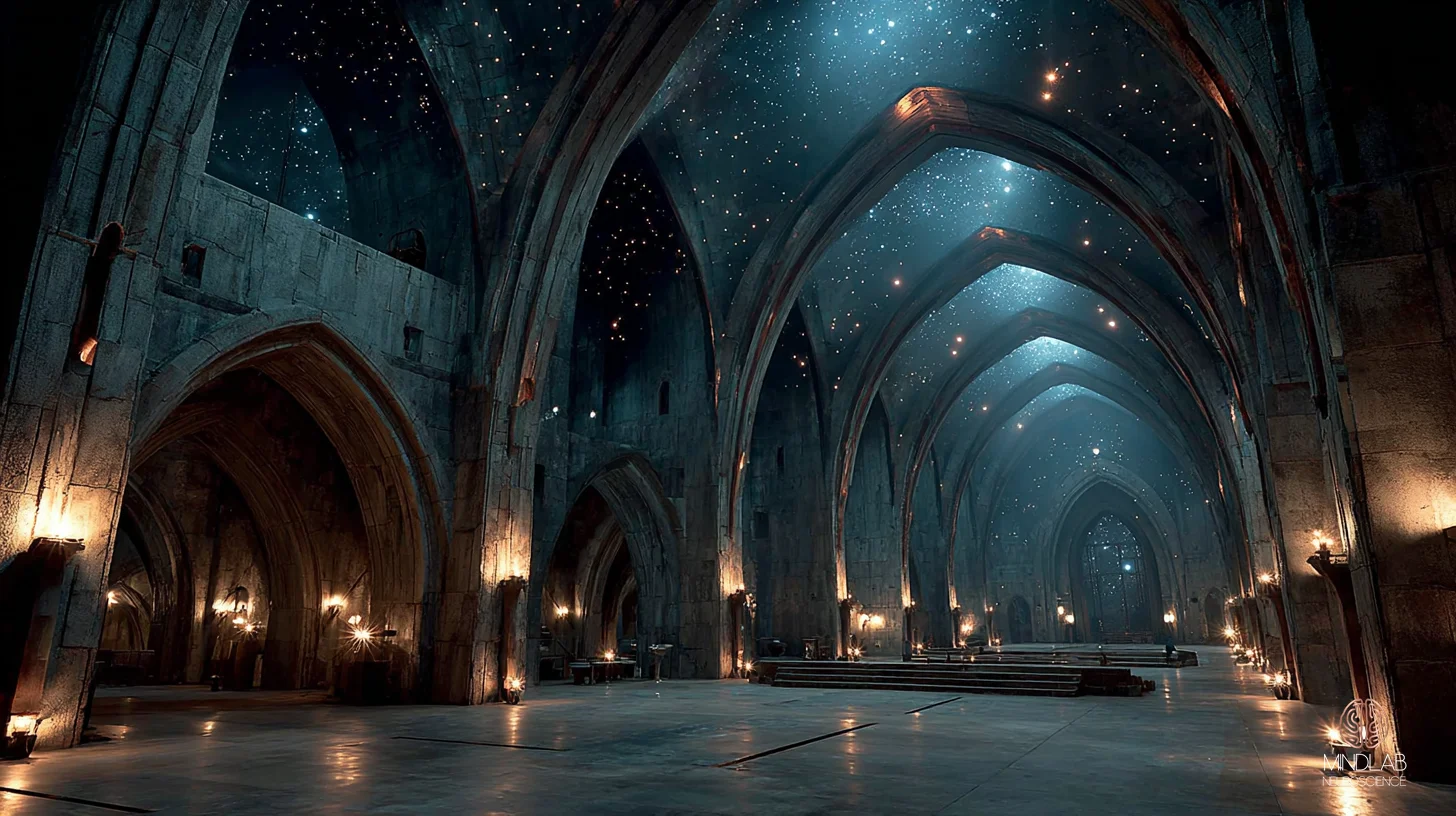 Anterior cingulate cortex rendered as monumental cathedral architecture, partnering with the anterior insula to anchor the salience network in narcissistic personality patterns — Dr. Sydney Ceruto, MindLAB Neuroscience.