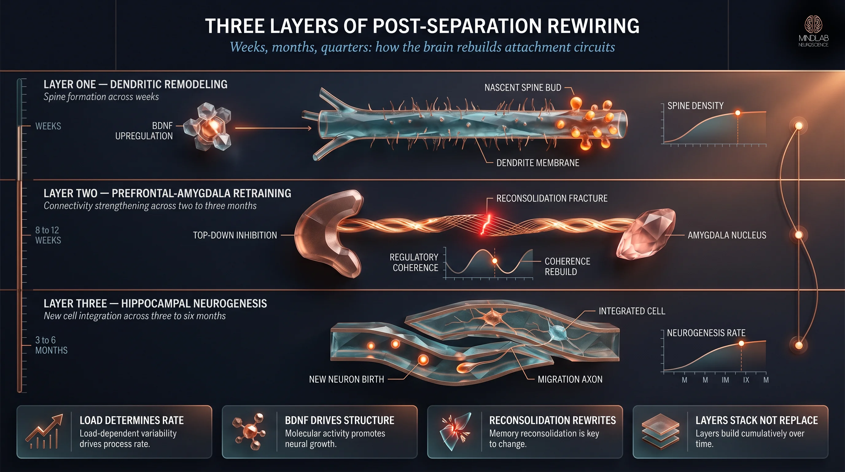 Three-layer post-separation brain recovery timeline infographic — Dr. Sydney Ceruto, MindLAB Neuroscience.
