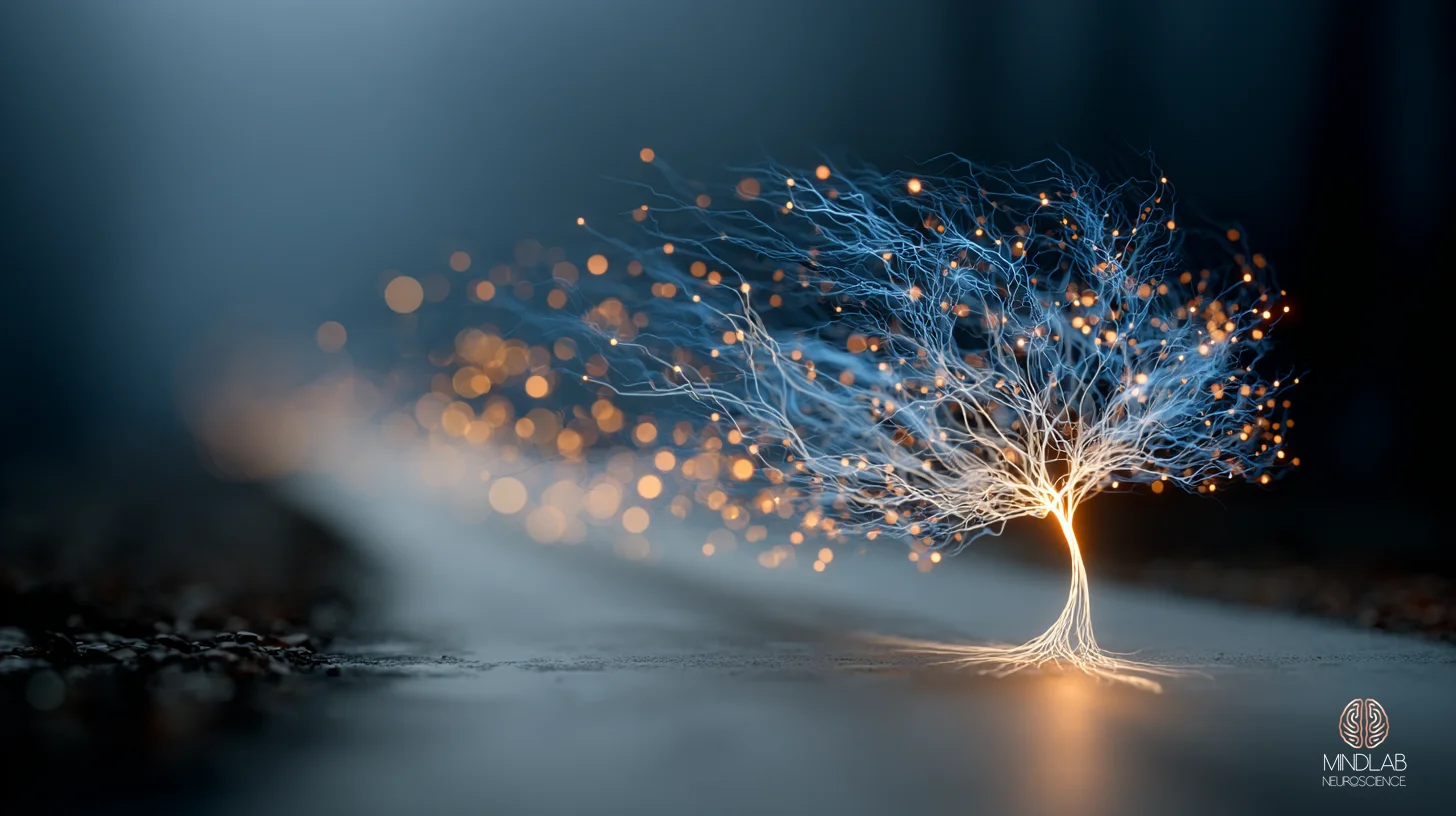 Serotonergic pathway against deep navy with copper receptor signaling — OCD and serotonin imbalance neuroscience, Dr. Sydney Ceruto, MindLAB Neuroscience.