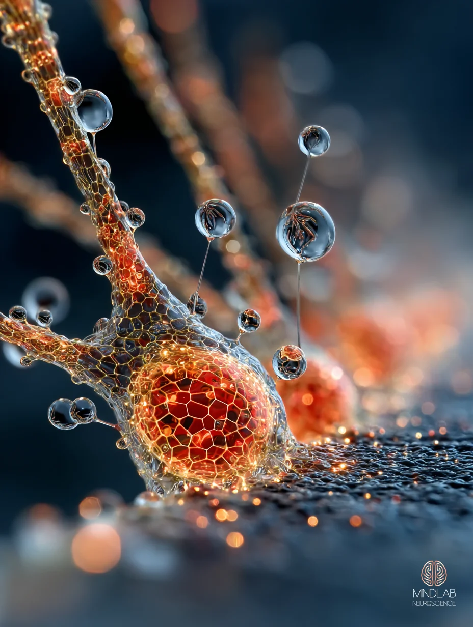 Basolateral amygdala microscopy close-up with copper receptor glow — 5-HT receptor gating in OCD, Dr. Sydney Ceruto, MindLAB Neuroscience.