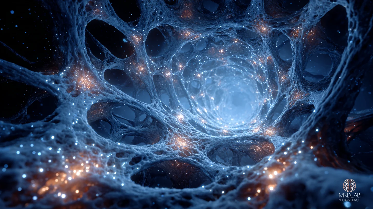 Macro interior view of the cortico-striato-thalamo-cortical loop — anterior cingulate cortex, striatum, thalamus, and prefrontal cortex rendered as four interconnected nodal chambers linked by woven filament bundles. The prefrontal inhibitory brake has re-engaged and the ACC error signal has quieted to a steady resting glow, depicting recalibrated fronto-striatal connectivity in OCD recovery — Dr. Sydney Ceruto, MindLAB Neuroscience.