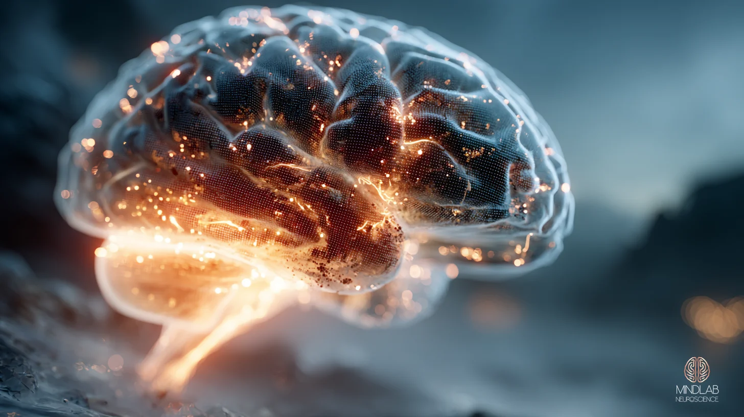 A single orbitofrontal cortex rendered in luminous copper at the moment of a hyperactive threat-valuation signal — Dr. Sydney Ceruto, MindLAB Neuroscience.