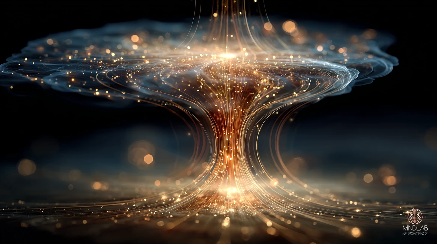 Predictive cortical hierarchy in deep navy with copper filaments — top-down prediction streams meeting ascending prediction-error signals at the amygdala-insula junction, the Bayesian inference engine of predictive processing anxiety. — Dr. Sydney Ceruto, MindLAB Neuroscience.