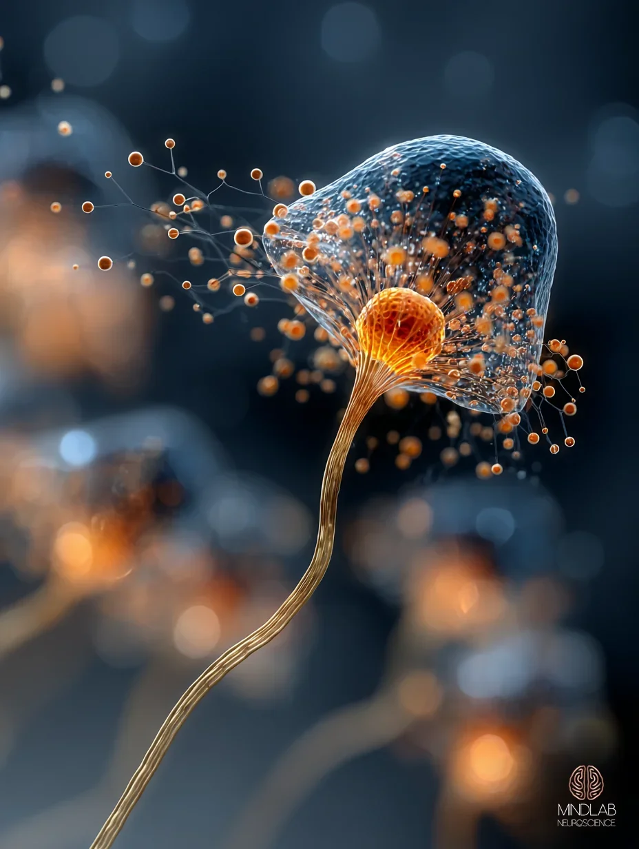 Intimate close-up of the prefrontal-amygdala precision-weighting circuit in deep navy with copper filaments — the descending modulatory pathway through which the prior is recalibrated. — Dr. Sydney Ceruto, MindLAB Neuroscience.