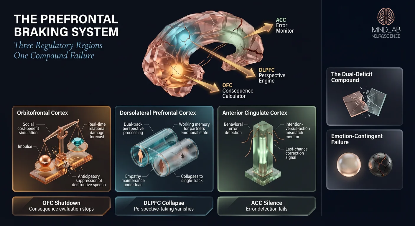 Prefrontal cortex dual-deficit model OFC DLPFC ACC impulse control diagram — Dr. Sydney Ceruto, MindLAB Neuroscience.