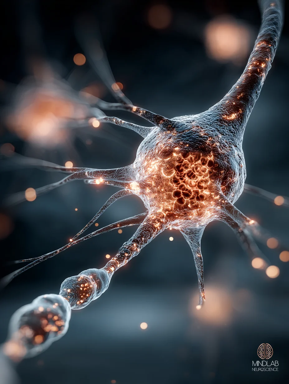 Single layer-III pyramidal neuron of the DLPFC with copper dendritic spines against deep navy — the cellular substrate of working memory. — Dr. Sydney Ceruto, MindLAB Neuroscience.