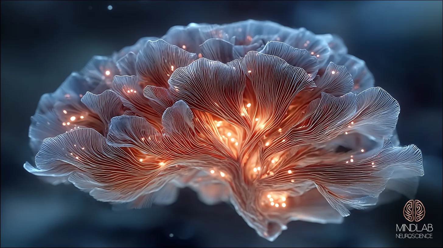 A single human cerebellum rendered in luminous copper-on-navy, foliated cortex visible in atmospheric detail — Dr. Sydney Ceruto, MindLAB Neuroscience.