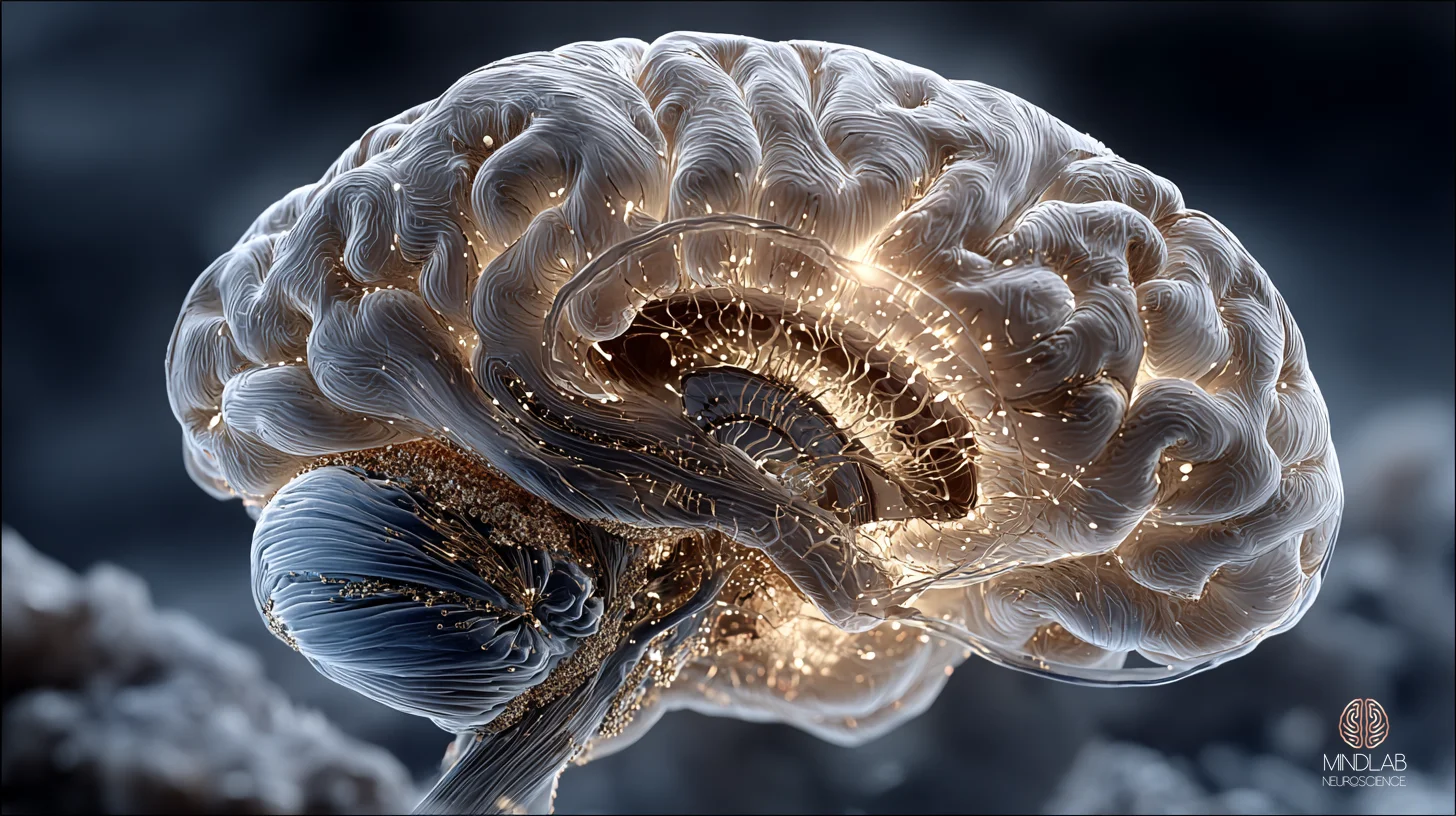 A single dorsolateral striatum rendered as a deep, anchored neural root mass in burnished gold, its branching striatonigral and striatopallidal filaments extending downward through navy-black space with quiet bioluminescent pulses tracing the locked-in habit pathways. The structure conveys the resolution stage of procedural learning — the substrate where refined motor sequences become unconscious competence. — Dr. Sydney Ceruto, MindLAB Neuroscience.