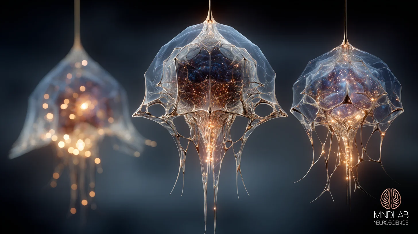 Three luminous copper-filament neural structures — amygdala, hippocampus, and prefrontal cortex — linked by disrupted firing pathways against deep navy, representing the tripartite PTSD signature in post-infidelity stress — Dr. Sydney Ceruto, MindLAB Neuroscience.